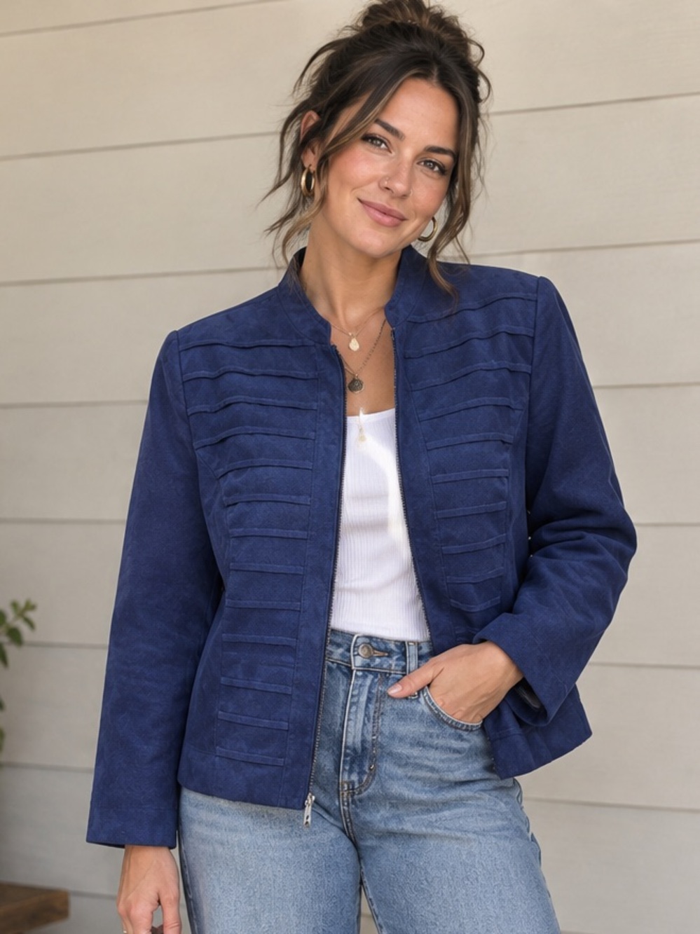 TanJay Navy Blue Textured Zip-Front Jacket